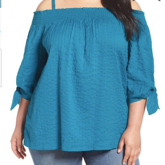 Caslon Off the Shoulder Plus Size Blouse 3X Teal - Picture 1 of 4